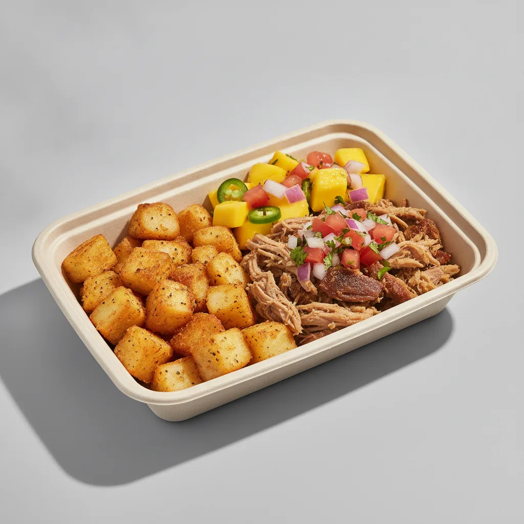 Carnitas Boxed Lunch — Home Fries / Mango Salad Carnitas Boxed Lunch — Home Fries / Mango Salad