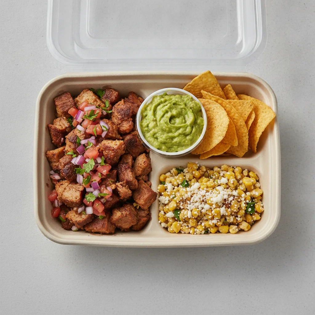 Carnitas Boxed Lunch — Guacamole and Chips / Street Corn Salad Carnitas Boxed Lunch — Guacamole and Chips / Street Corn Salad