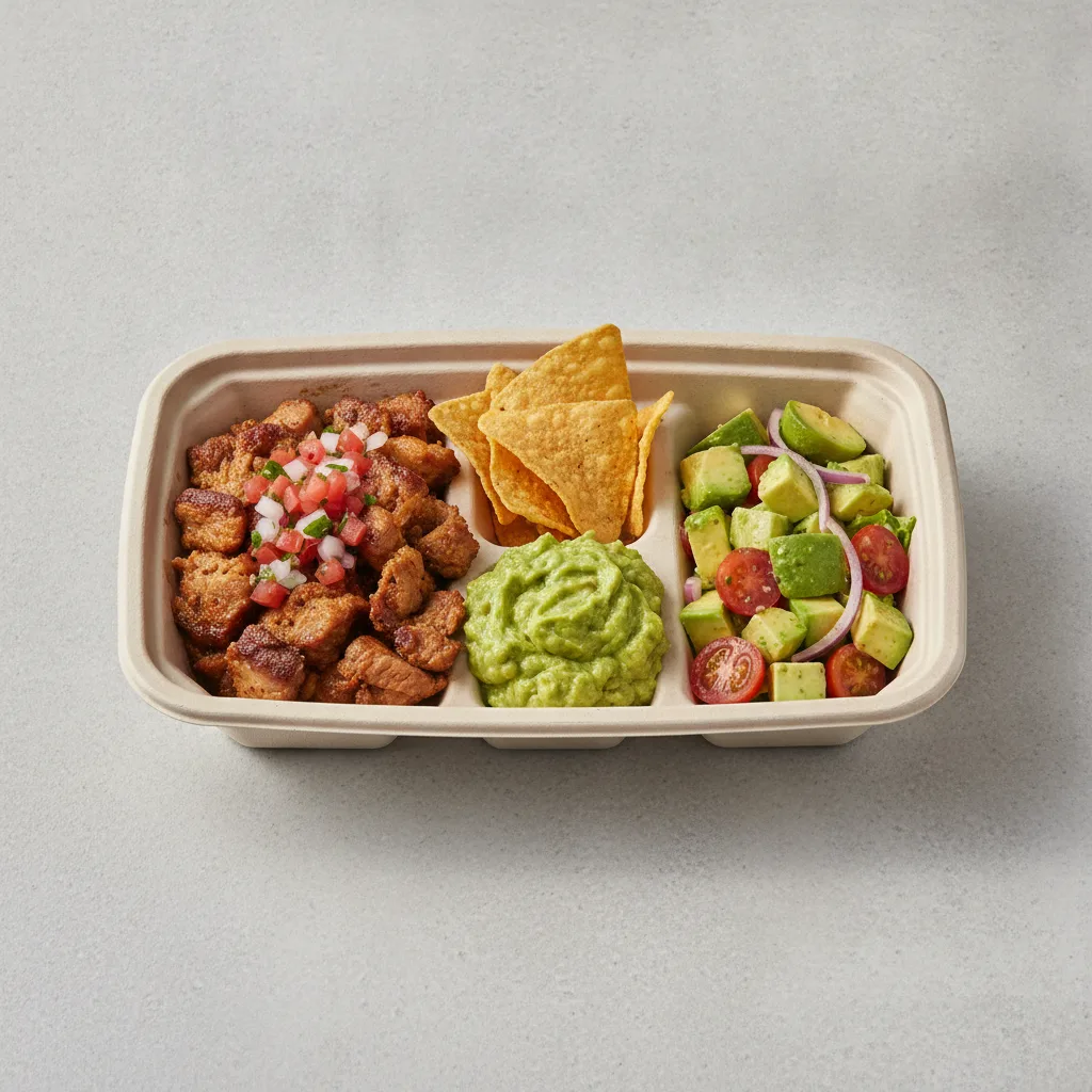 Carnitas Boxed Lunch — Guacamole and Chips / Avocado Salad Carnitas Boxed Lunch — Guacamole and Chips / Avocado Salad