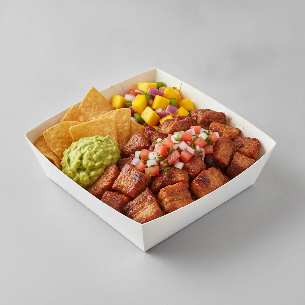 Carnitas Boxed Lunch — Guacamole and Chips / Mango Salad Carnitas Boxed Lunch — Guacamole and Chips / Mango Salad
