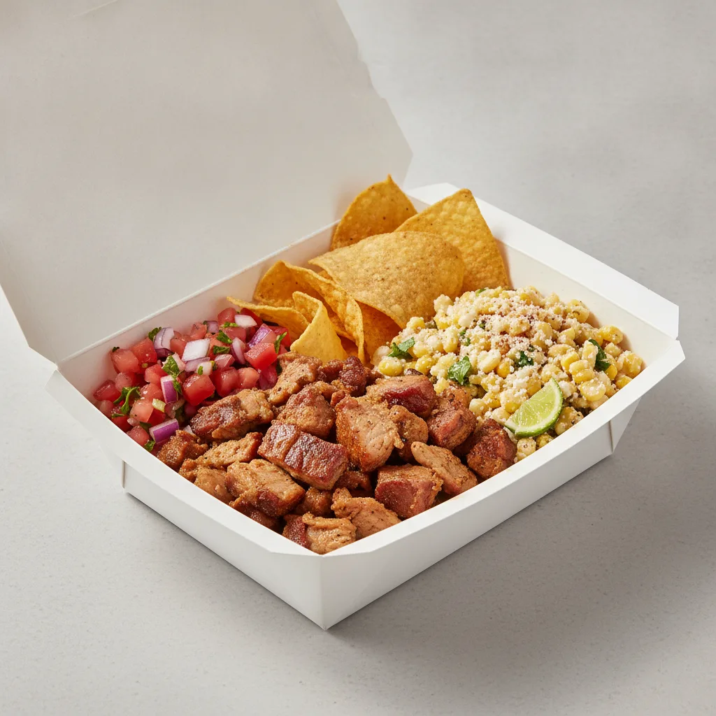 Carnitas Boxed Lunch — Pico and Chips / Street Corn Salad Carnitas Boxed Lunch — Pico and Chips / Street Corn Salad