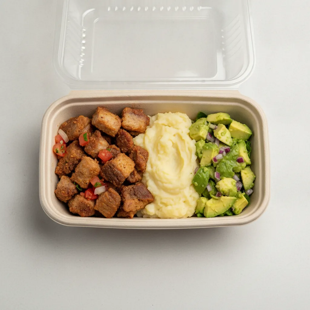 Carnitas Boxed Lunch — Mashed Potato / Avocado Salad Carnitas Boxed Lunch — Mashed Potato / Avocado Salad