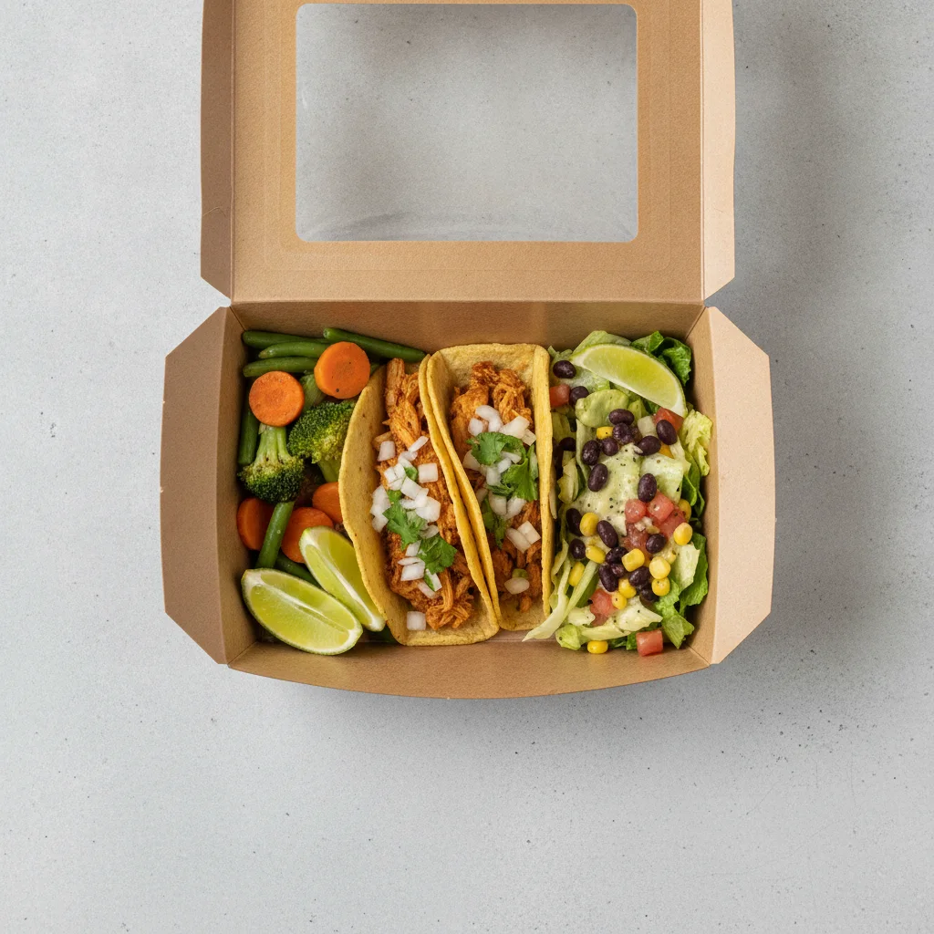 2 Tacos Boxed Lunch — Chicken with Steamed Mix Veggies / Mexican House Salad 2 Tacos Boxed Lunch — Chicken with Steamed Mix Veggies / Mexican House Salad