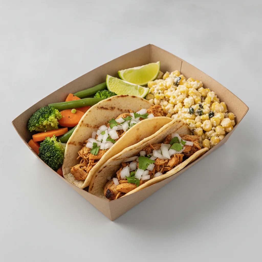 2 Tacos Boxed Lunch — Chicken with Steamed Mix Veggies / Street Corn Salad 2 Tacos Boxed Lunch — Chicken with Steamed Mix Veggies / Street Corn Salad