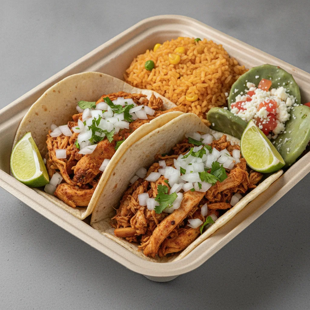 2 Tacos Boxed Lunch — Chicken with Mexican Rice / Nopalitos Salad 2 Tacos Boxed Lunch — Chicken with Mexican Rice / Nopalitos Salad