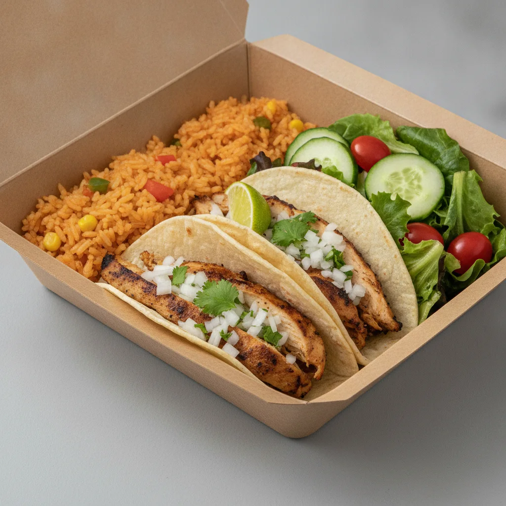 2 Tacos Boxed Lunch — Chicken with Mexican Rice / Green Salad 2 Tacos Boxed Lunch — Chicken with Mexican Rice / Green Salad