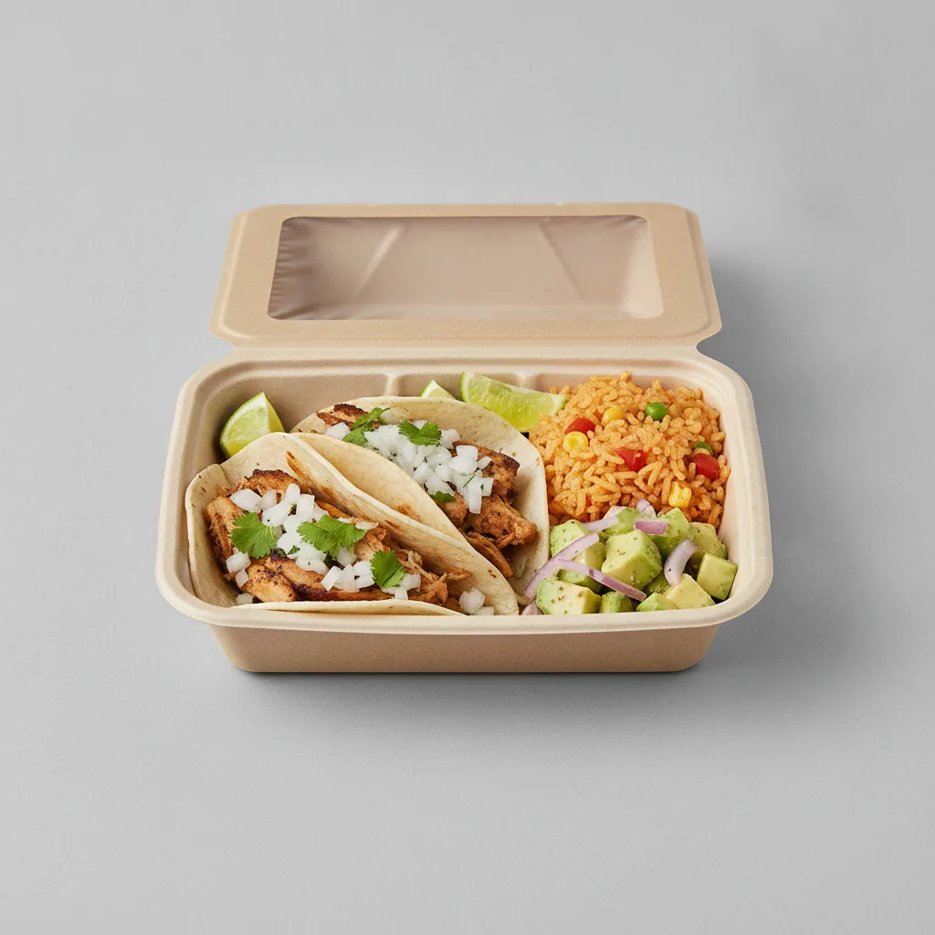 2 Tacos Boxed Lunch — Chicken with Mexican Rice / Avocado Salad 2 Tacos Boxed Lunch — Chicken with Mexican Rice / Avocado Salad