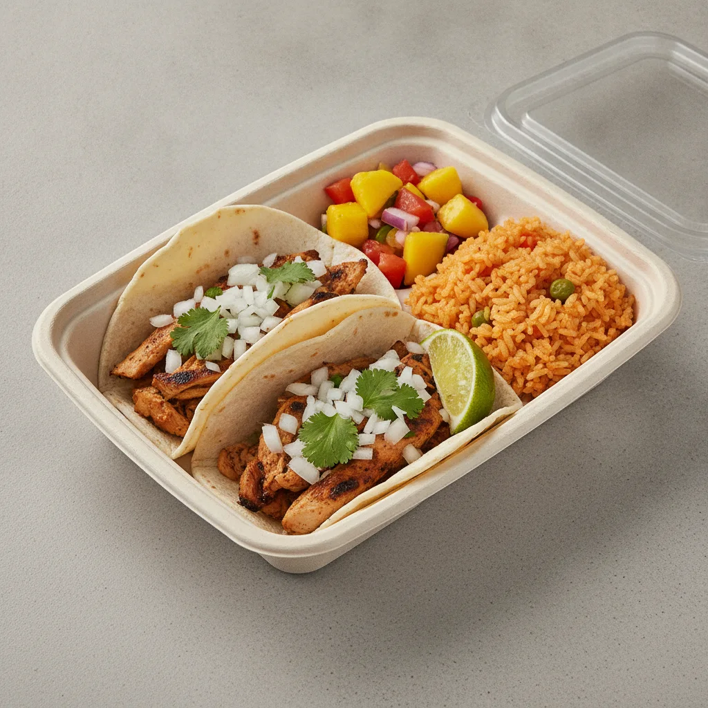 2 Tacos Boxed Lunch — Chicken with Mexican Rice / Mango Salad 2 Tacos Boxed Lunch — Chicken with Mexican Rice / Mango Salad