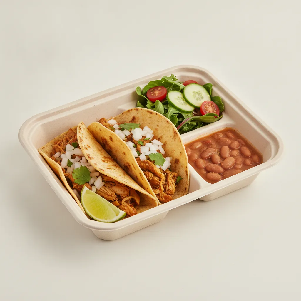 2 Tacos Boxed Lunch — Chicken with Pinto Beans / Green Salad 2 Tacos Boxed Lunch — Chicken with Pinto Beans / Green Salad