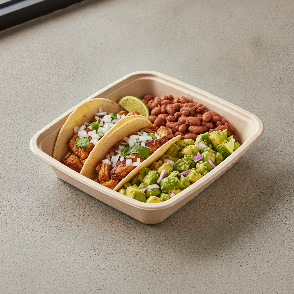 2 Tacos Boxed Lunch — Chicken with Pinto Beans / Avocado Salad 2 Tacos Boxed Lunch — Chicken with Pinto Beans / Avocado Salad