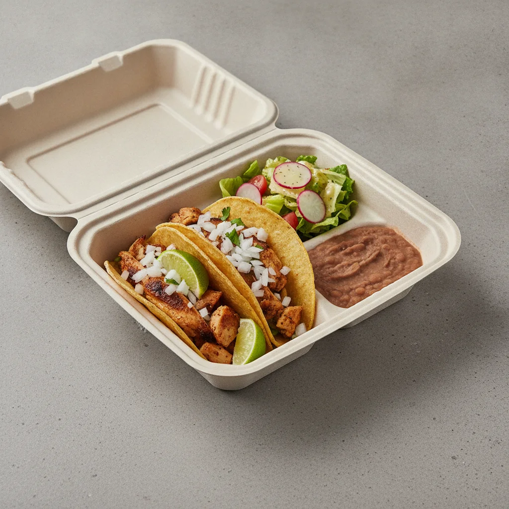 2 Tacos Boxed Lunch — Chicken with Refried Pinto Beans / Mexican House Salad 2 Tacos Boxed Lunch — Chicken with Refried Pinto Beans / Mexican House Salad