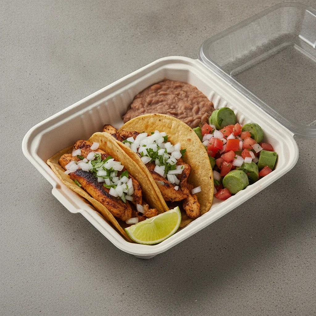 2 Tacos Boxed Lunch — Chicken with Refried Pinto Beans / Nopalitos Salad 2 Tacos Boxed Lunch — Chicken with Refried Pinto Beans / Nopalitos Salad
