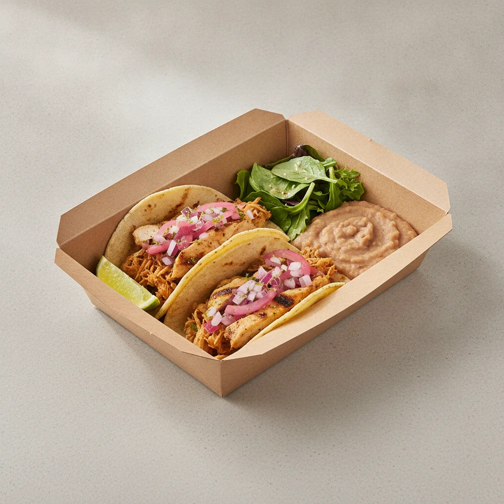 2 Tacos Boxed Lunch — Chicken with Refried Pinto Beans / Green Salad 2 Tacos Boxed Lunch — Chicken with Refried Pinto Beans / Green Salad