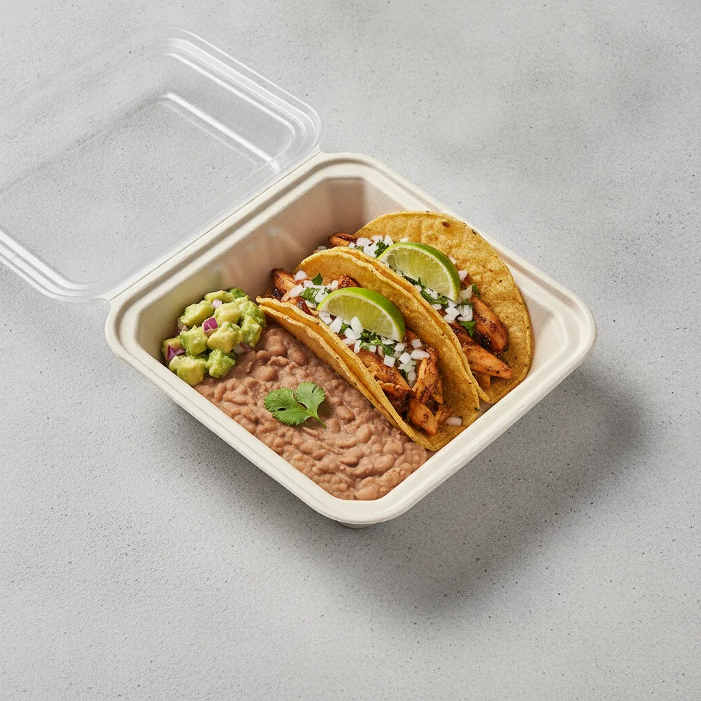 2 Tacos Boxed Lunch — Chicken with Refried Pinto Beans / Avocado Salad 2 Tacos Boxed Lunch — Chicken with Refried Pinto Beans / Avocado Salad