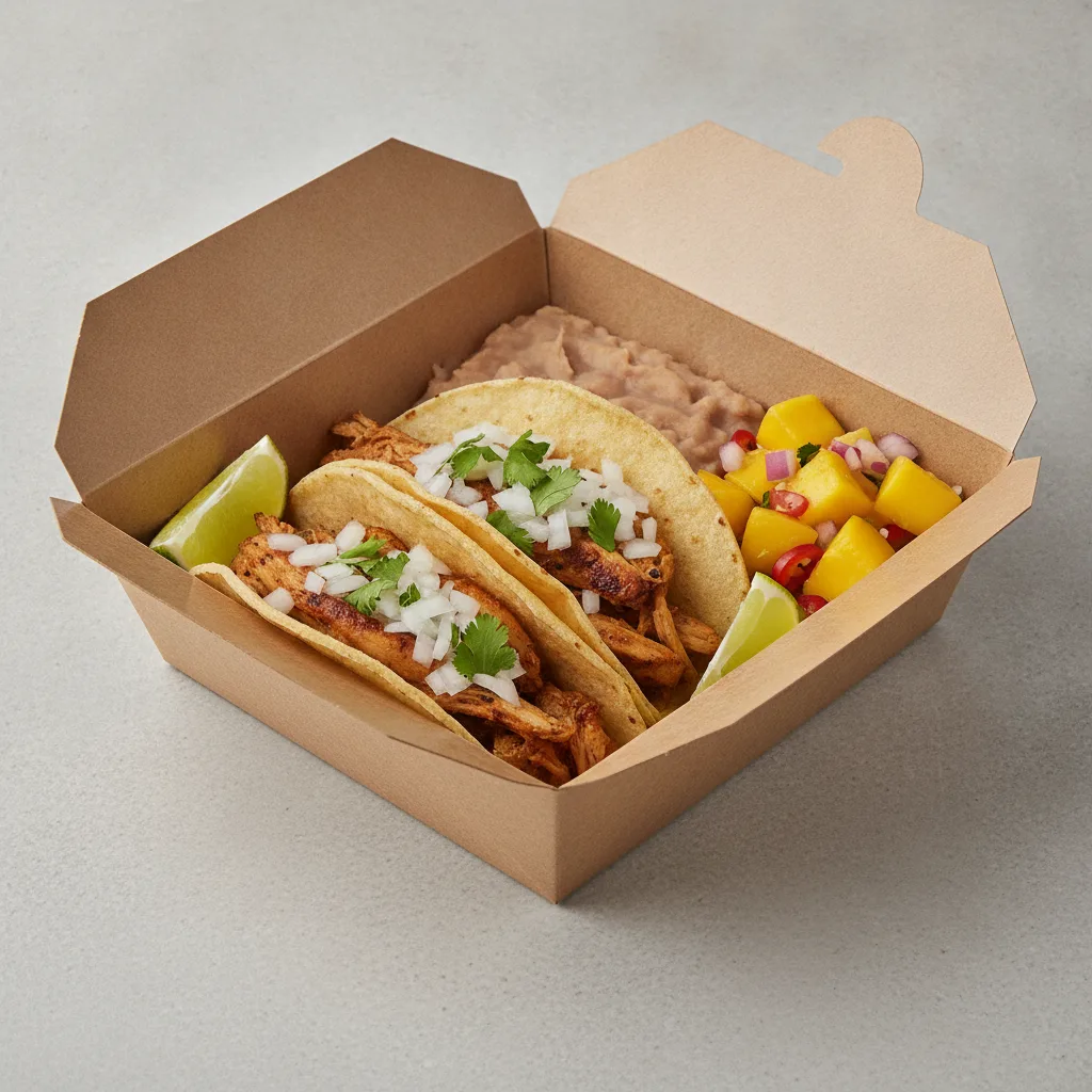 2 Tacos Boxed Lunch — Chicken with Refried Pinto Beans / Mango Salad 2 Tacos Boxed Lunch — Chicken with Refried Pinto Beans / Mango Salad