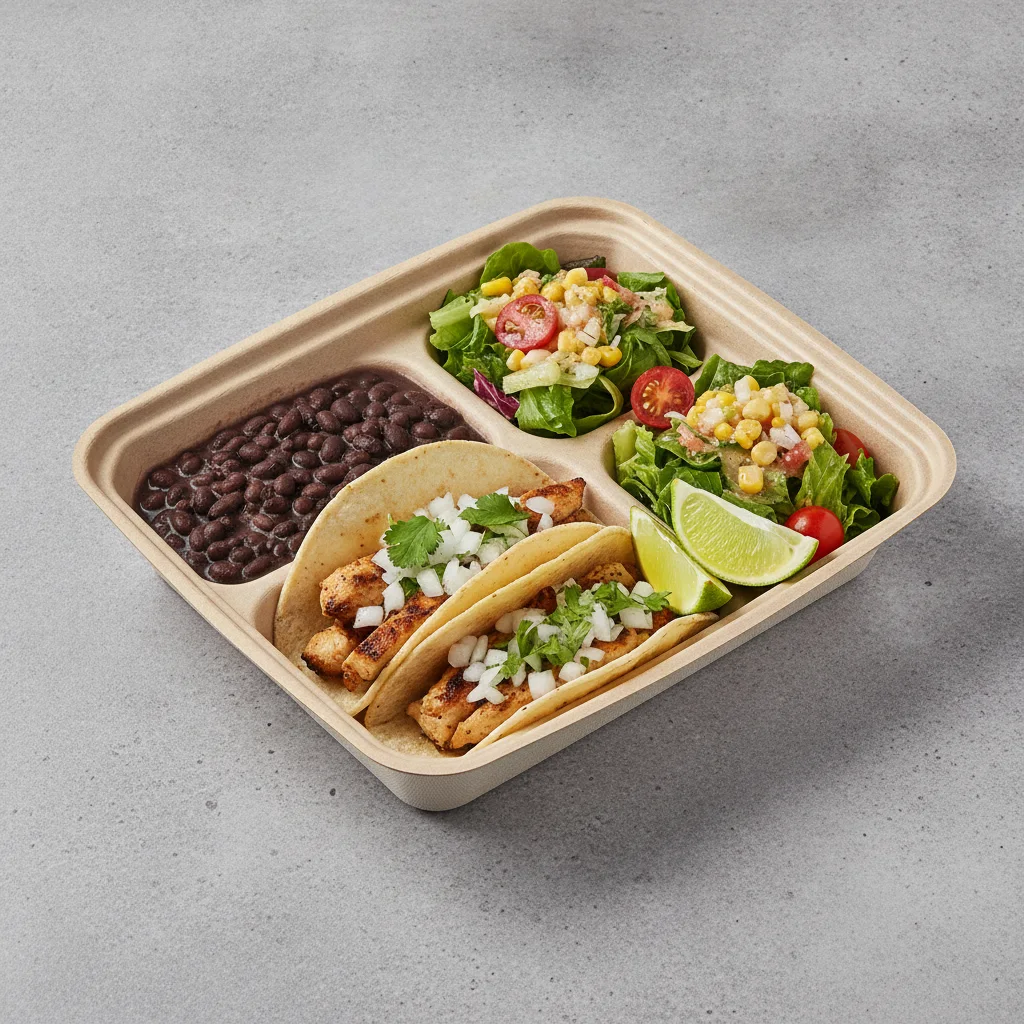2 Tacos Boxed Lunch — Chicken with Black Beans / Mexican House Salad 2 Tacos Boxed Lunch — Chicken with Black Beans / Mexican House Salad