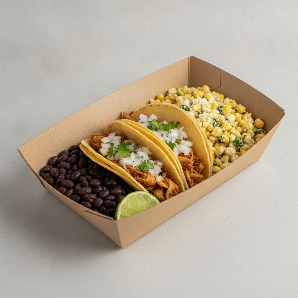 2 Tacos Boxed Lunch — Chicken with Black Beans / Street Corn Salad 2 Tacos Boxed Lunch — Chicken with Black Beans / Street Corn Salad