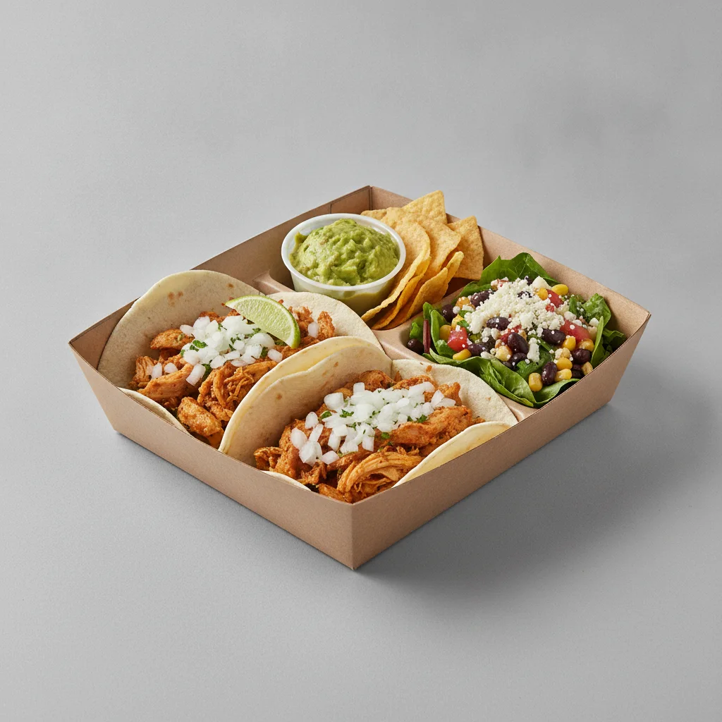 2 Tacos Boxed Lunch — Chicken with Guacamole and Chips / Mexican House Salad 2 Tacos Boxed Lunch — Chicken with Guacamole and Chips / Mexican House Salad