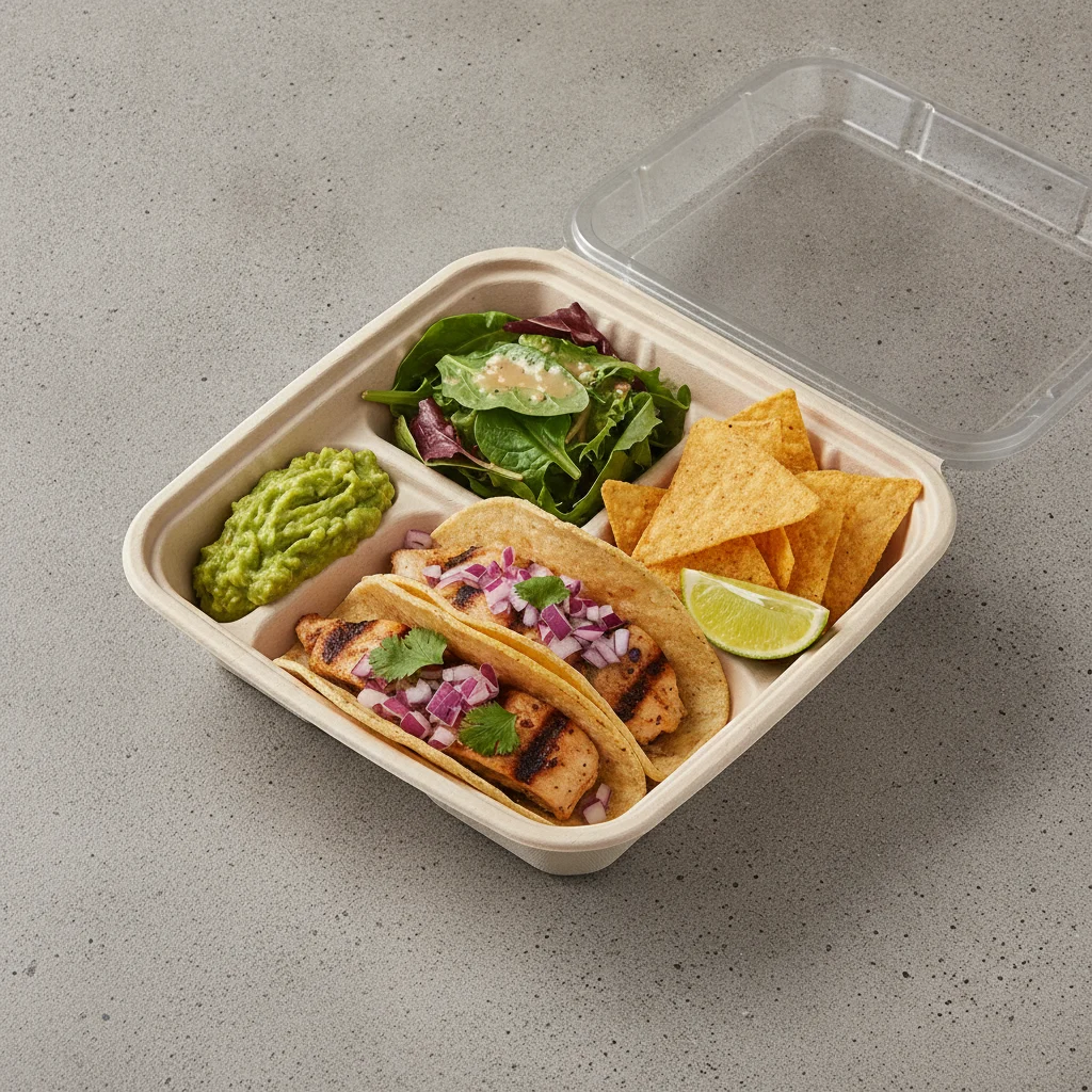 2 Tacos Boxed Lunch — Chicken with Guacamole and Chips / Green Salad 2 Tacos Boxed Lunch — Chicken with Guacamole and Chips / Green Salad