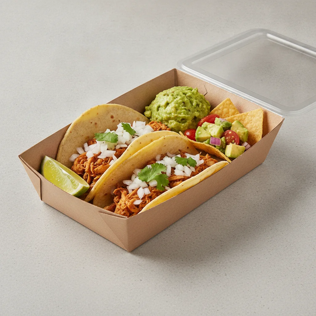 2 Tacos Boxed Lunch — Chicken with Guacamole and Chips / Avocado Salad 2 Tacos Boxed Lunch — Chicken with Guacamole and Chips / Avocado Salad