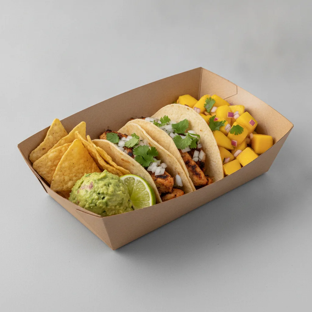 2 Tacos Boxed Lunch — Chicken with Guacamole and Chips / Mango Salad 2 Tacos Boxed Lunch — Chicken with Guacamole and Chips / Mango Salad