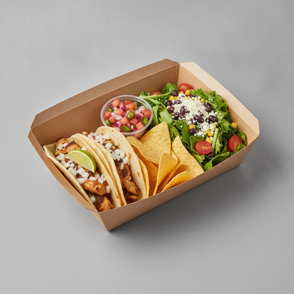 2 Tacos Boxed Lunch — Chicken with Pico and Chips / Mexican House Salad 2 Tacos Boxed Lunch — Chicken with Pico and Chips / Mexican House Salad