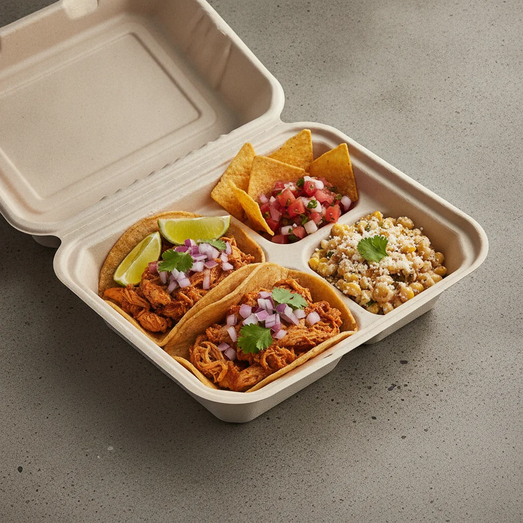 2 Tacos Boxed Lunch — Chicken with Pico and Chips / Street Corn Salad 2 Tacos Boxed Lunch — Chicken with Pico and Chips / Street Corn Salad