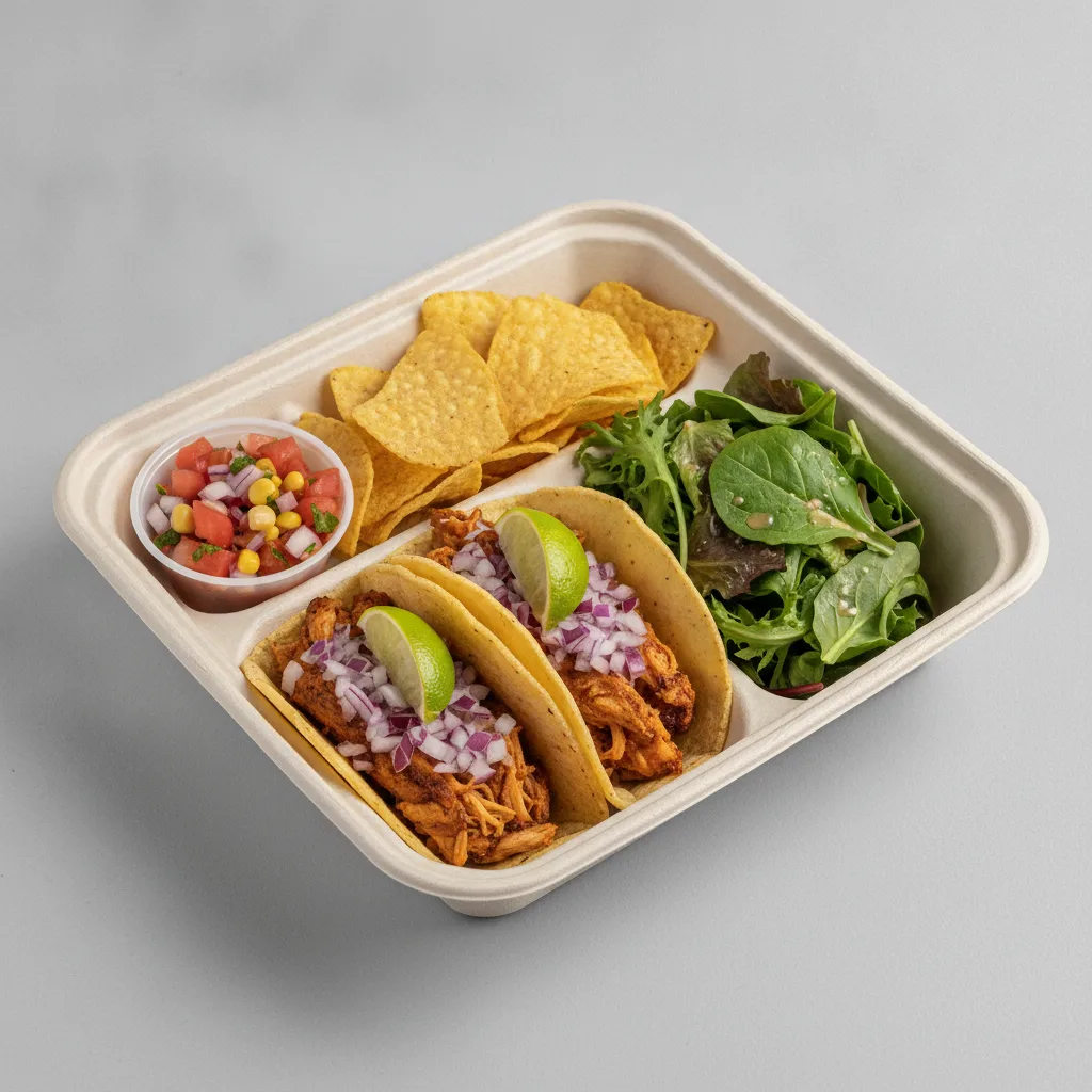 2 Tacos Boxed Lunch — Chicken with Pico and Chips / Green Salad 2 Tacos Boxed Lunch — Chicken with Pico and Chips / Green Salad