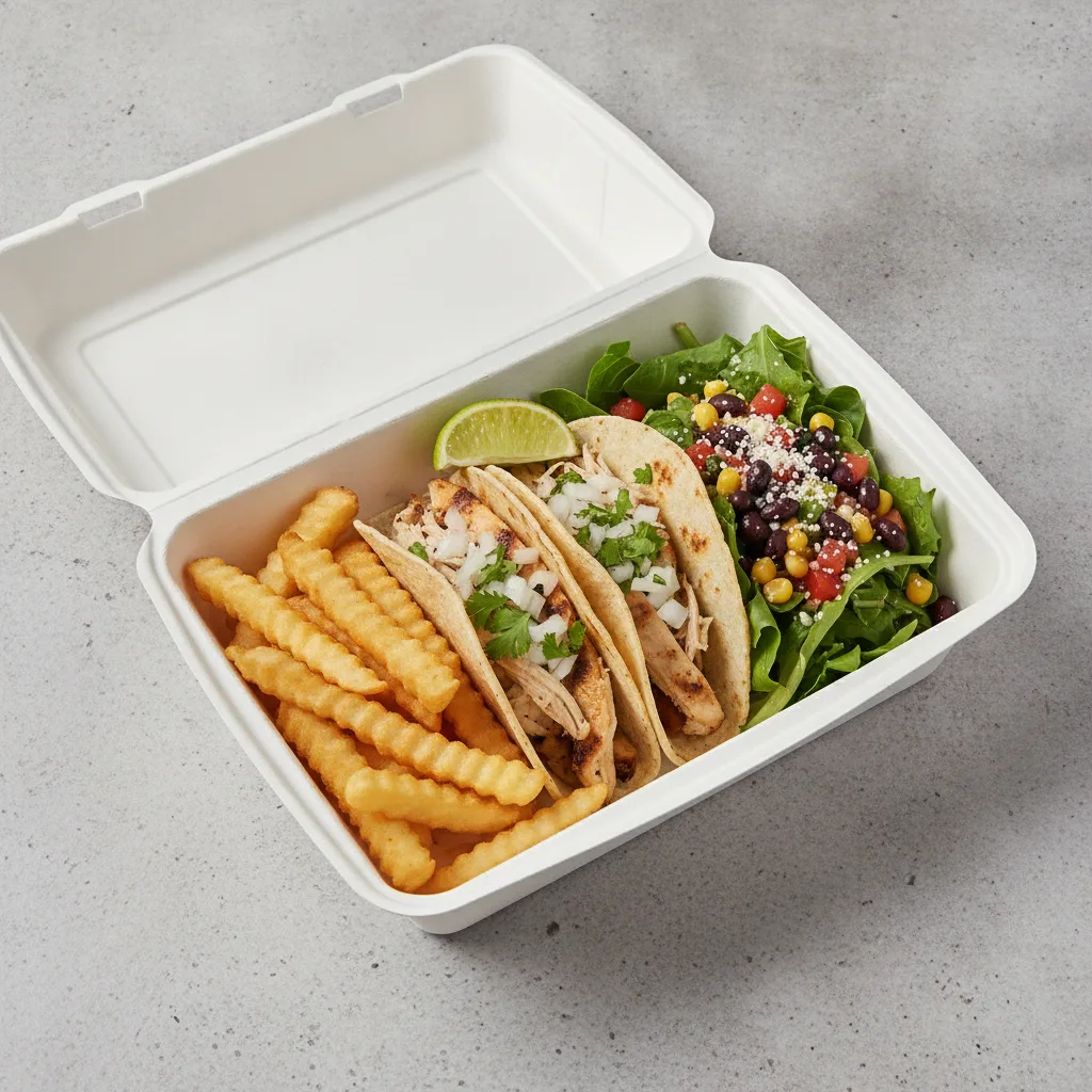 2 Tacos Boxed Lunch — Chicken with French Fries / Mexican House Salad 2 Tacos Boxed Lunch — Chicken with French Fries / Mexican House Salad