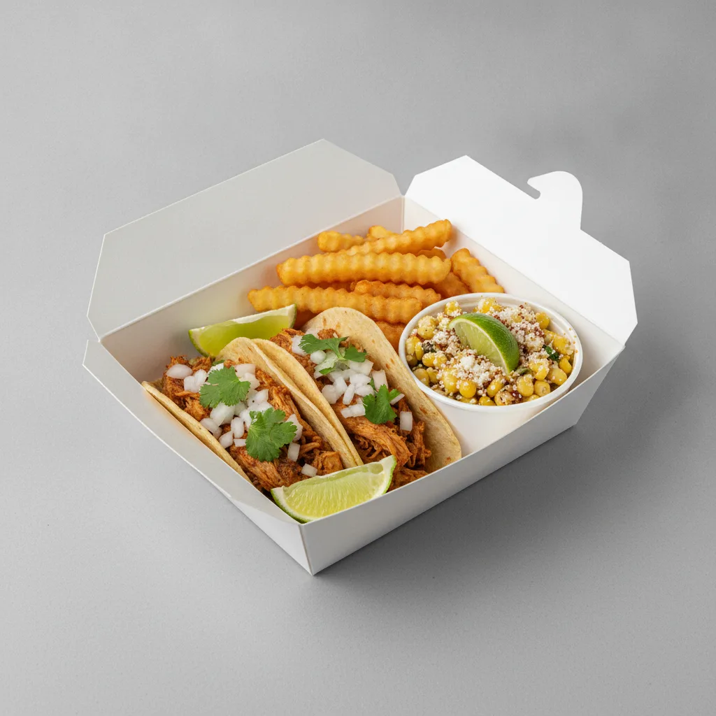 2 Tacos Boxed Lunch — Chicken with French Fries / Street Corn Salad 2 Tacos Boxed Lunch — Chicken with French Fries / Street Corn Salad