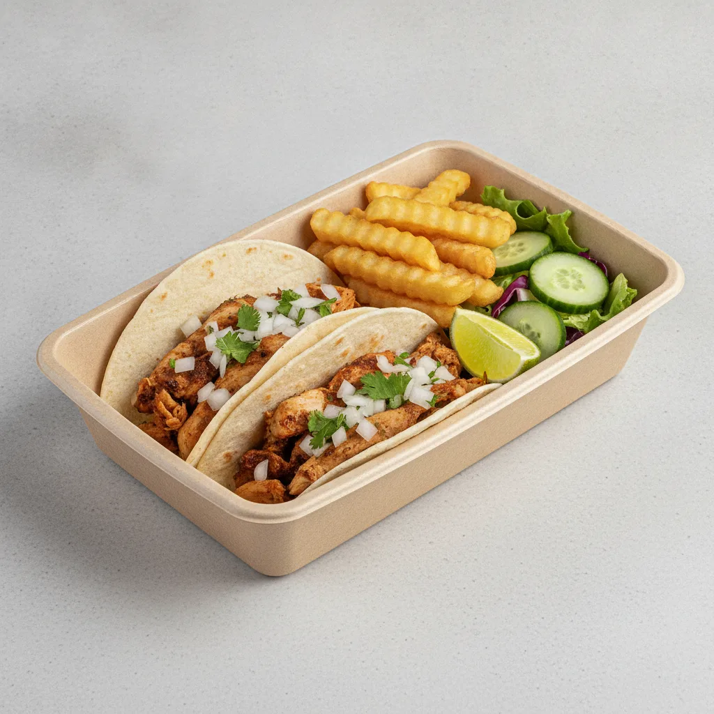 2 Tacos Boxed Lunch — Chicken with French Fries / Green Salad 2 Tacos Boxed Lunch — Chicken with French Fries / Green Salad