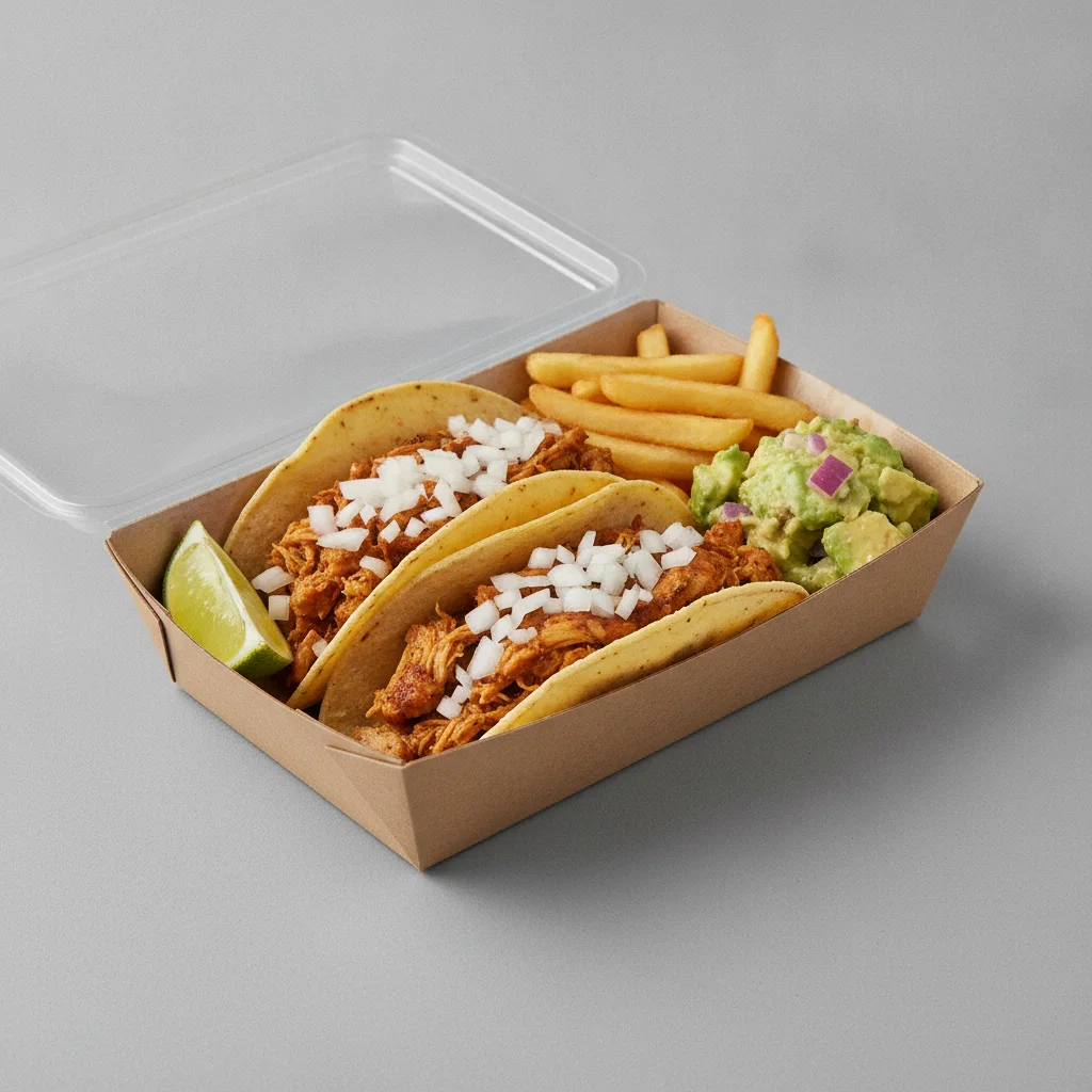 2 Tacos Boxed Lunch — Chicken with French Fries / Avocado Salad 2 Tacos Boxed Lunch — Chicken with French Fries / Avocado Salad