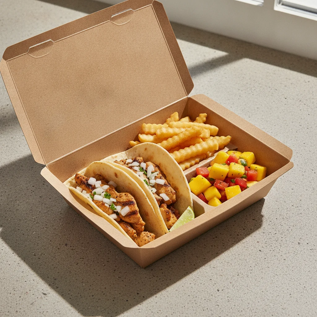2 Tacos Boxed Lunch — Chicken with French Fries / Mango Salad 2 Tacos Boxed Lunch — Chicken with French Fries / Mango Salad