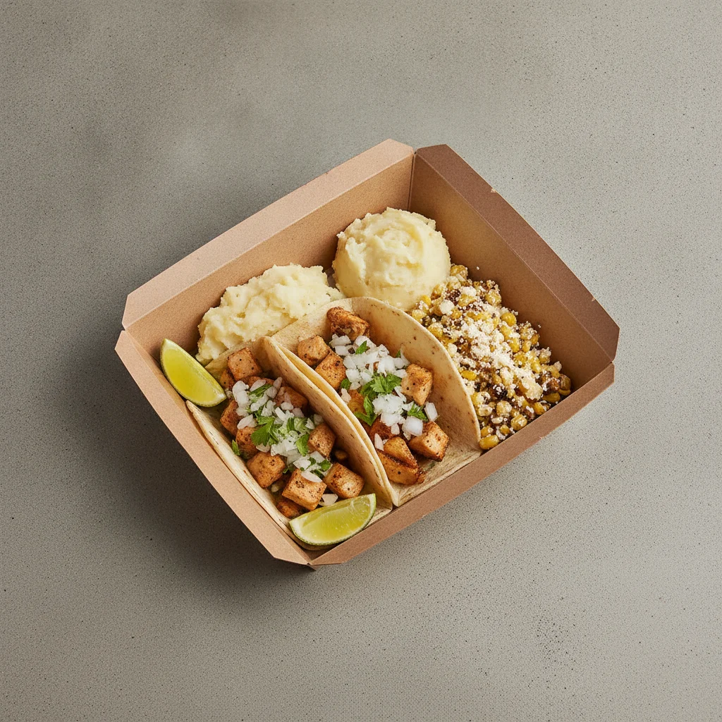 2 Tacos Boxed Lunch — Chicken with Mashed Potato / Street Corn Salad 2 Tacos Boxed Lunch — Chicken with Mashed Potato / Street Corn Salad