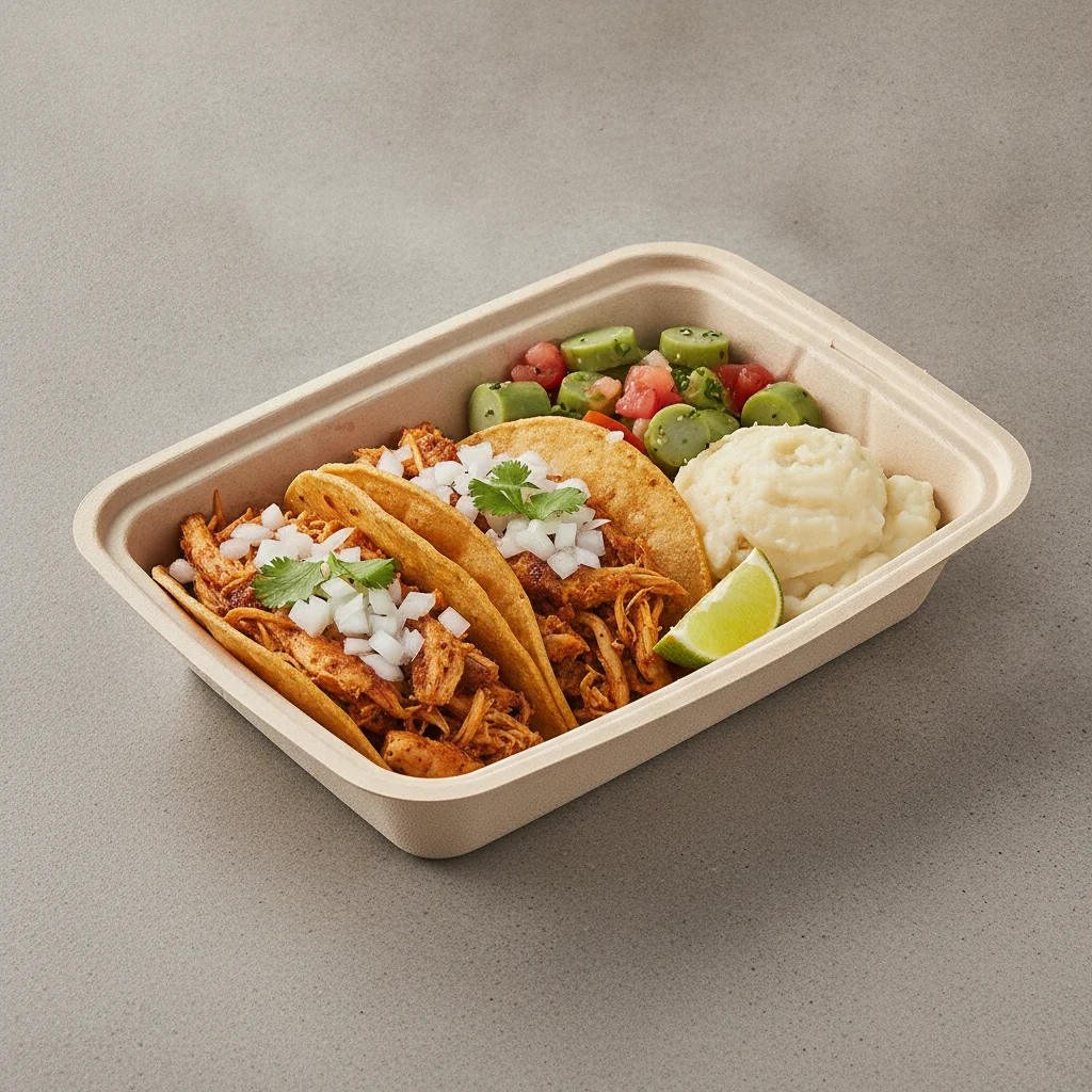 2 Tacos Boxed Lunch — Chicken with Mashed Potato / Nopalitos Salad 2 Tacos Boxed Lunch — Chicken with Mashed Potato / Nopalitos Salad