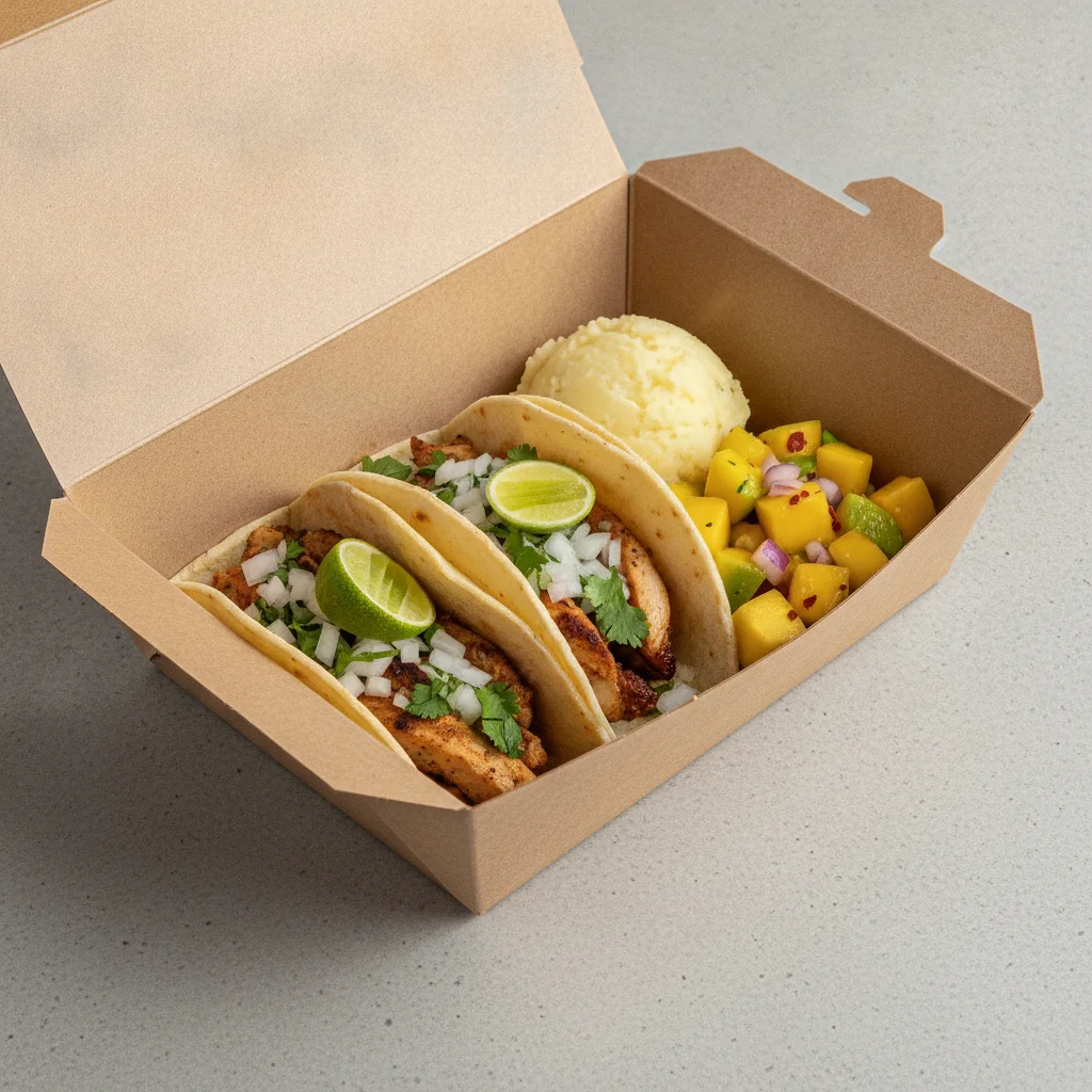 2 Tacos Boxed Lunch — Chicken with Mashed Potato / Mango Salad 2 Tacos Boxed Lunch — Chicken with Mashed Potato / Mango Salad