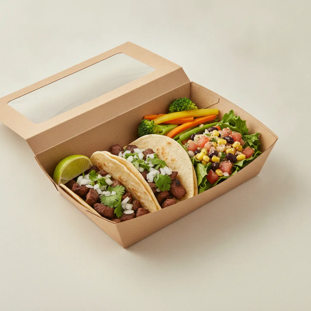 2 Tacos Boxed Lunch — Steak with Steamed Mix Veggies / Mexican House Salad 2 Tacos Boxed Lunch — Steak with Steamed Mix Veggies / Mexican House Salad