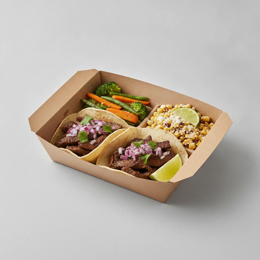 2 Tacos Boxed Lunch — Steak with Steamed Mix Veggies / Street Corn Salad 2 Tacos Boxed Lunch — Steak with Steamed Mix Veggies / Street Corn Salad