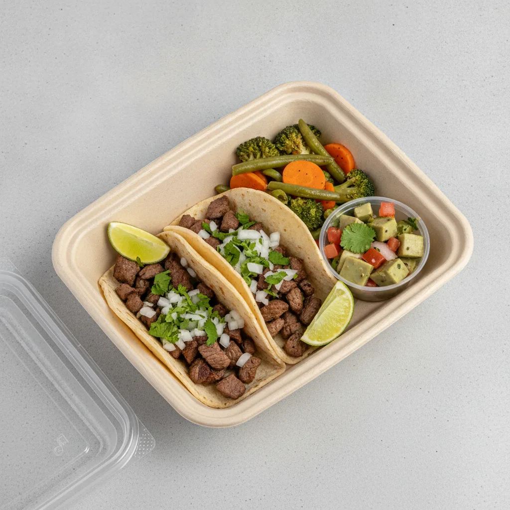 2 Tacos Boxed Lunch — Steak with Steamed Mix Veggies / Nopalitos Salad 2 Tacos Boxed Lunch — Steak with Steamed Mix Veggies / Nopalitos Salad
