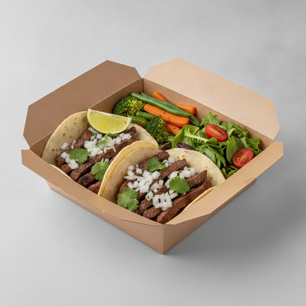 2 Tacos Boxed Lunch — Steak with Steamed Mix Veggies / Green Salad 2 Tacos Boxed Lunch — Steak with Steamed Mix Veggies / Green Salad