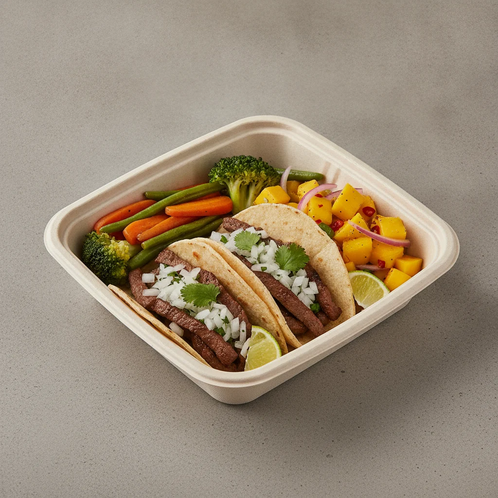 2 Tacos Boxed Lunch — Steak with Steamed Mix Veggies / Mango Salad 2 Tacos Boxed Lunch — Steak with Steamed Mix Veggies / Mango Salad