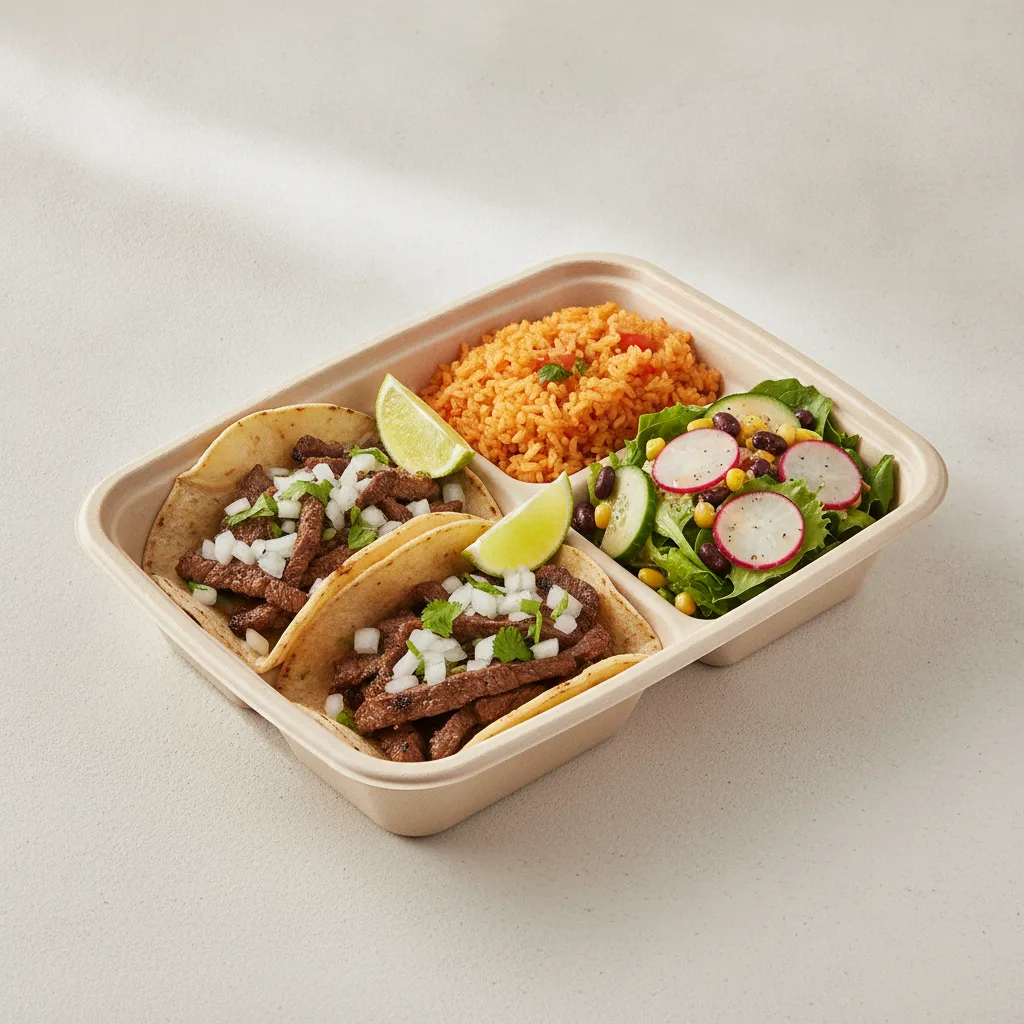 2 Tacos Boxed Lunch — Steak with Mexican Rice / Mexican House Salad 2 Tacos Boxed Lunch — Steak with Mexican Rice / Mexican House Salad