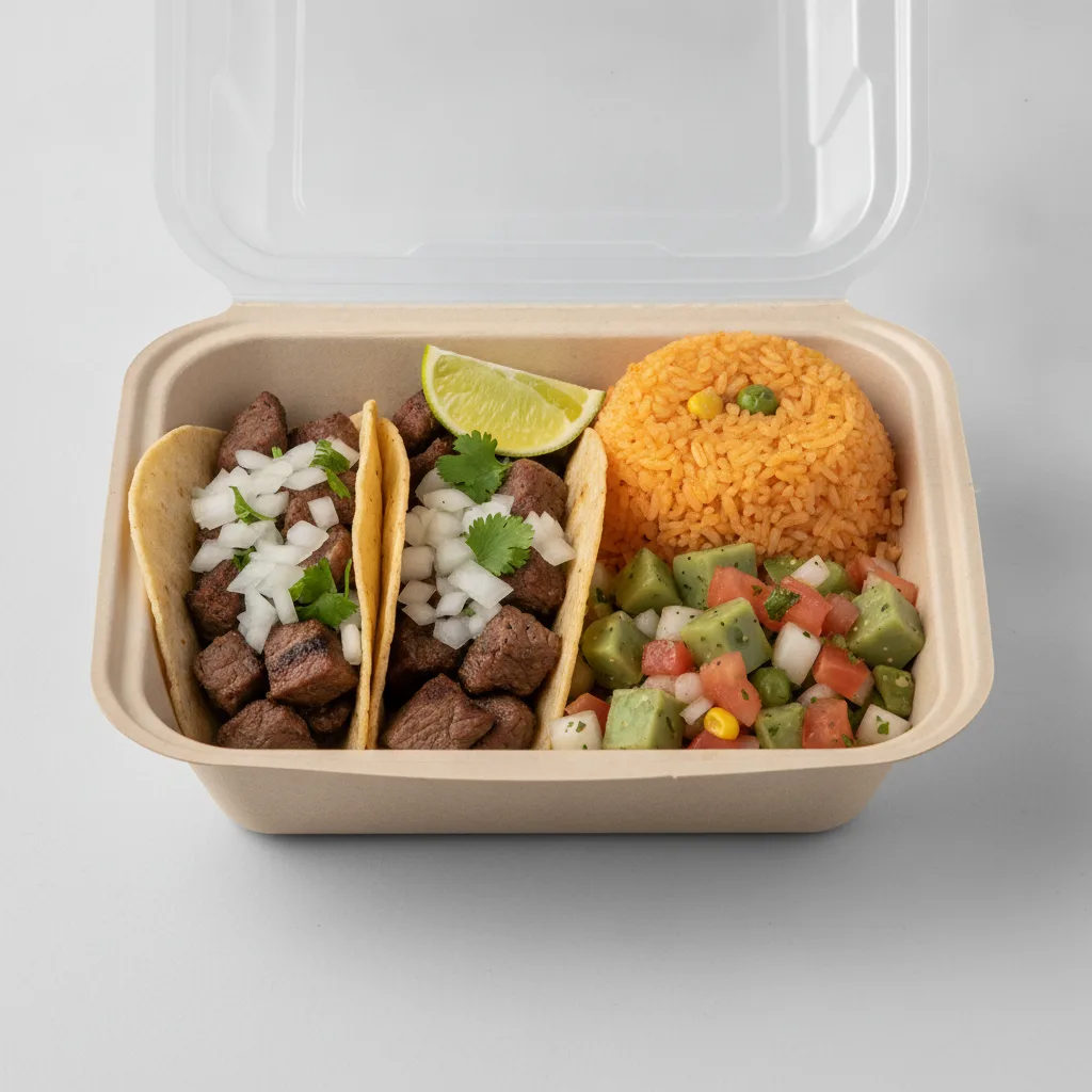 2 Tacos Boxed Lunch — Steak with Mexican Rice / Nopalitos Salad 2 Tacos Boxed Lunch — Steak with Mexican Rice / Nopalitos Salad