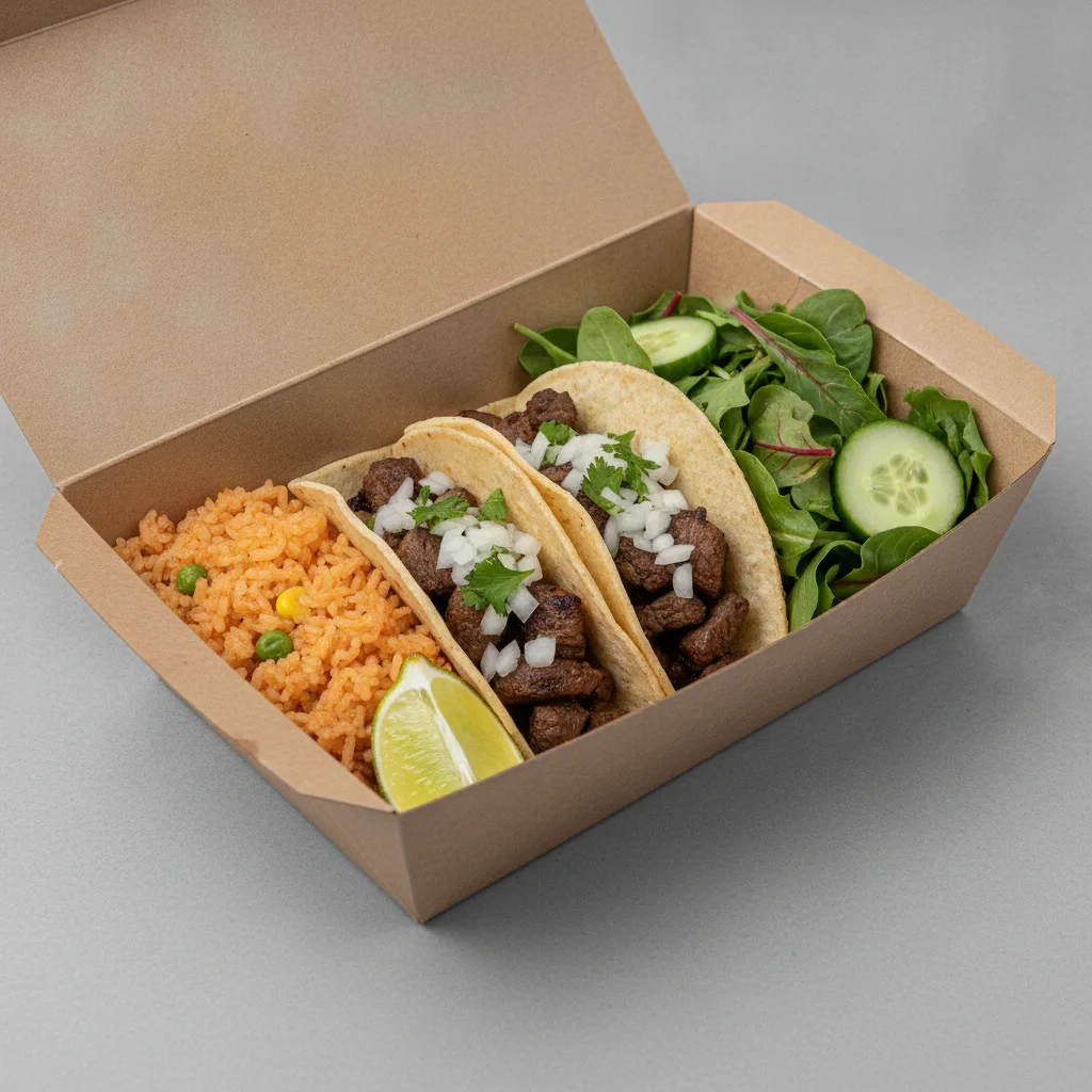 2 Tacos Boxed Lunch — Steak with Mexican Rice / Green Salad 2 Tacos Boxed Lunch — Steak with Mexican Rice / Green Salad