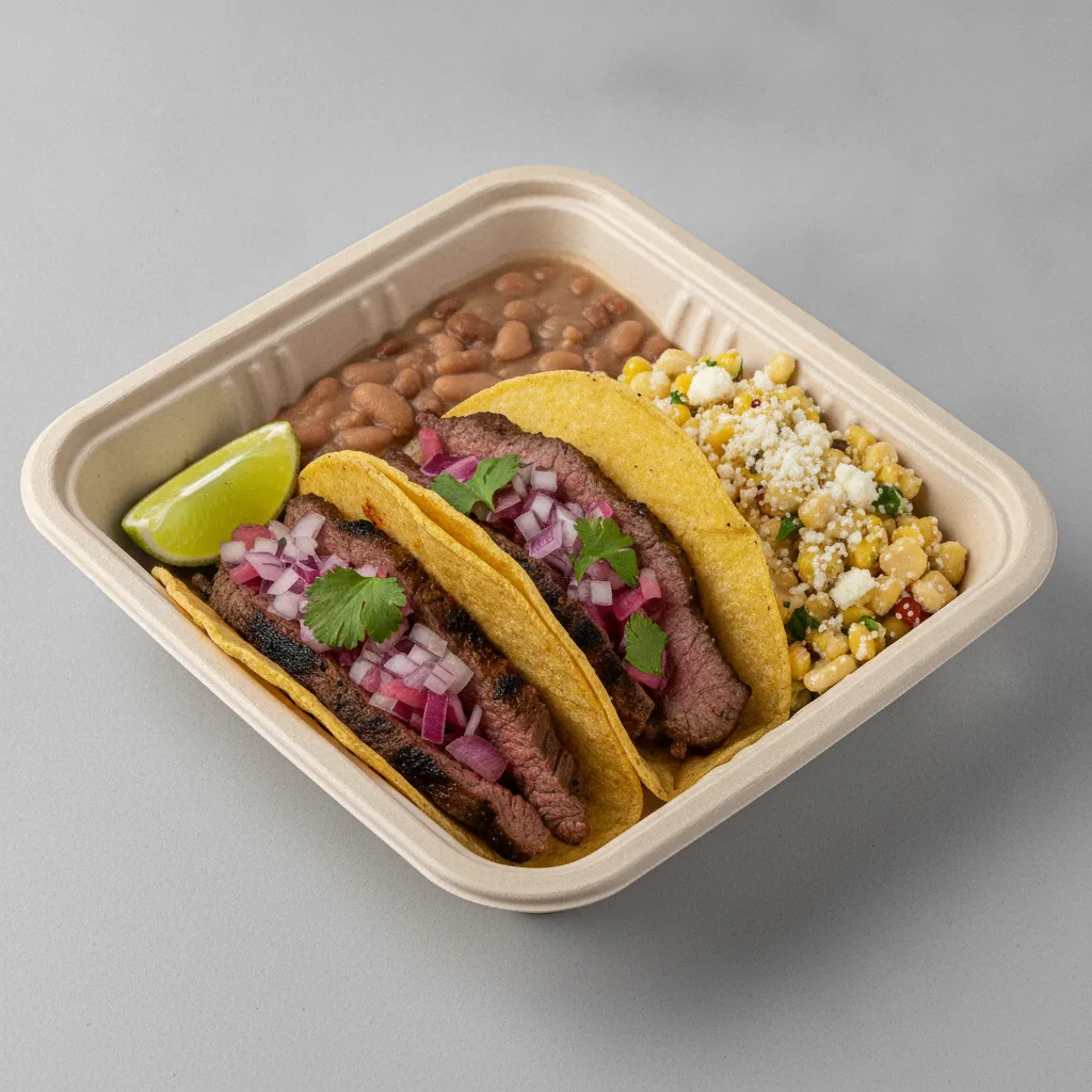 2 Tacos Boxed Lunch — Steak with Pinto Beans / Street Corn Salad 2 Tacos Boxed Lunch — Steak with Pinto Beans / Street Corn Salad