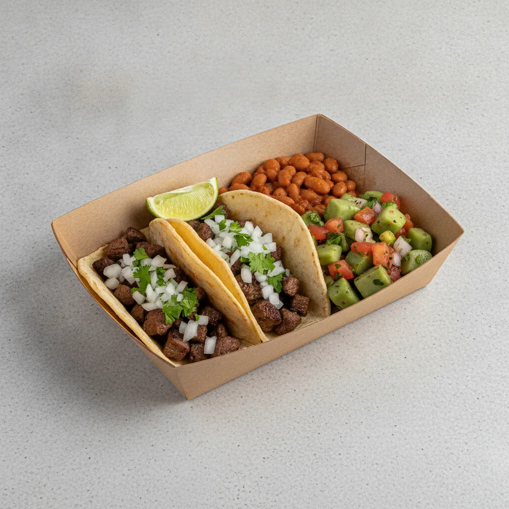 2 Tacos Boxed Lunch — Steak with Pinto Beans / Nopalitos Salad 2 Tacos Boxed Lunch — Steak with Pinto Beans / Nopalitos Salad