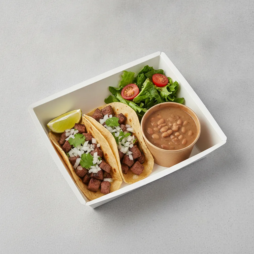 2 Tacos Boxed Lunch — Steak with Pinto Beans / Green Salad 2 Tacos Boxed Lunch — Steak with Pinto Beans / Green Salad