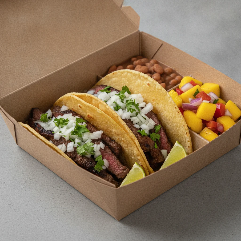 2 Tacos Boxed Lunch — Steak with Pinto Beans / Mango Salad 2 Tacos Boxed Lunch — Steak with Pinto Beans / Mango Salad