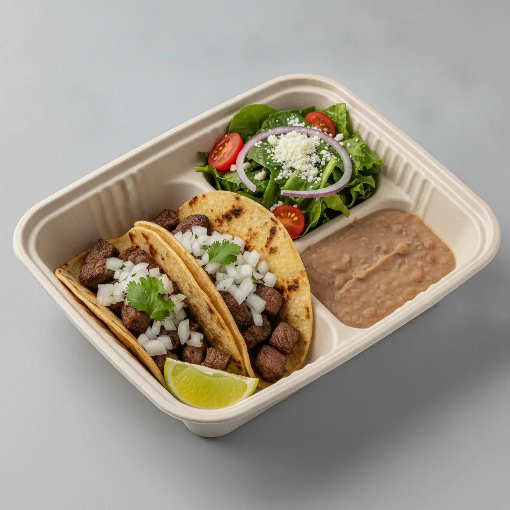 2 Tacos Boxed Lunch — Steak with Refried Pinto Beans / Mexican House Salad 2 Tacos Boxed Lunch — Steak with Refried Pinto Beans / Mexican House Salad