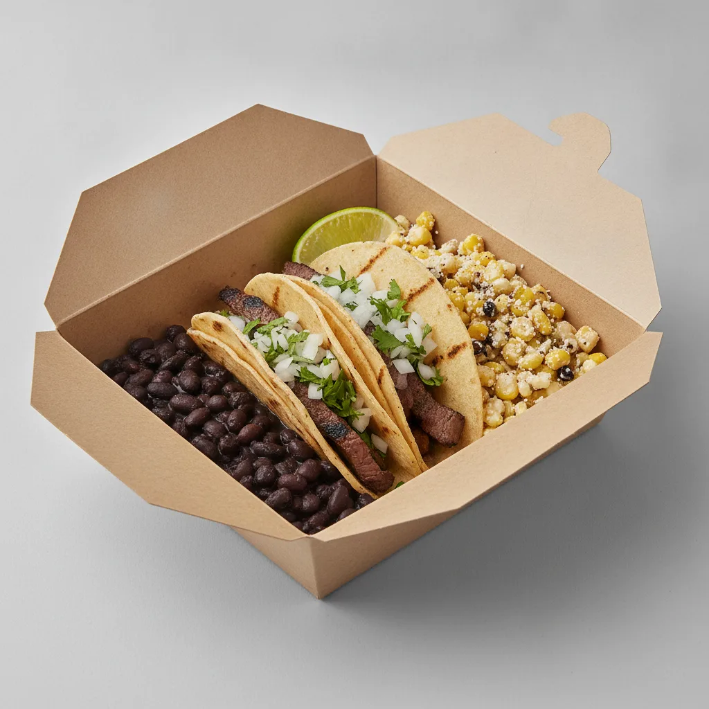 2 Tacos Boxed Lunch — Steak with Black Beans / Street Corn Salad 2 Tacos Boxed Lunch — Steak with Black Beans / Street Corn Salad